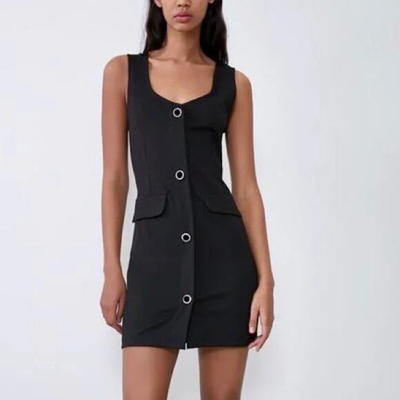 Zara Rhinestone Button Tank Mini Dress in Black - Picture 1 of 7